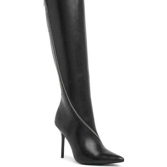 REISS Hoxton Leather Knee High Heels BOOTS US 38 7 Black Point Toe Zip NEW - Picture 7 of 14
